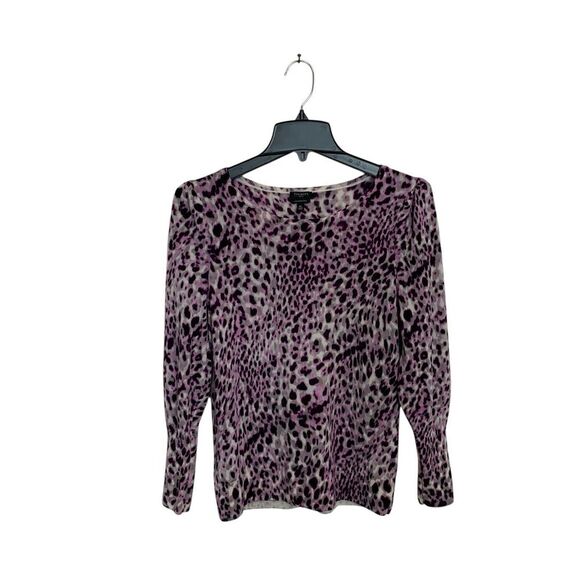Talbots Womens Petite Medium Merino Wool Sweater Top Purple Leopard Long Sleeve - Picture 1 of 7
